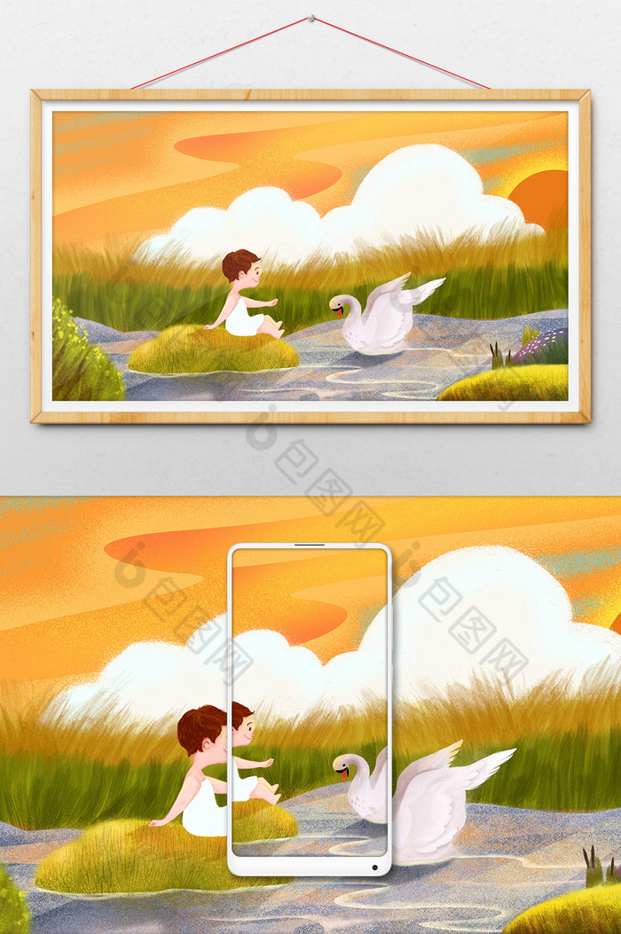 池塘边与天鹅儿童插画图片图片