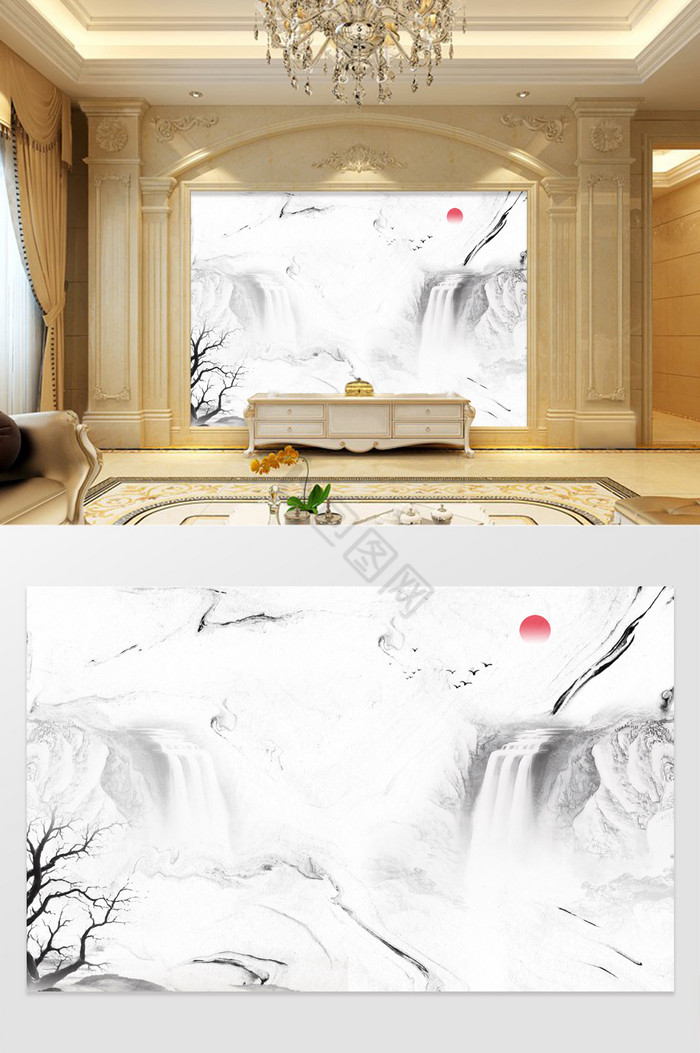 高清3D大理石纹山水花客厅沙发背景墙定制图片
