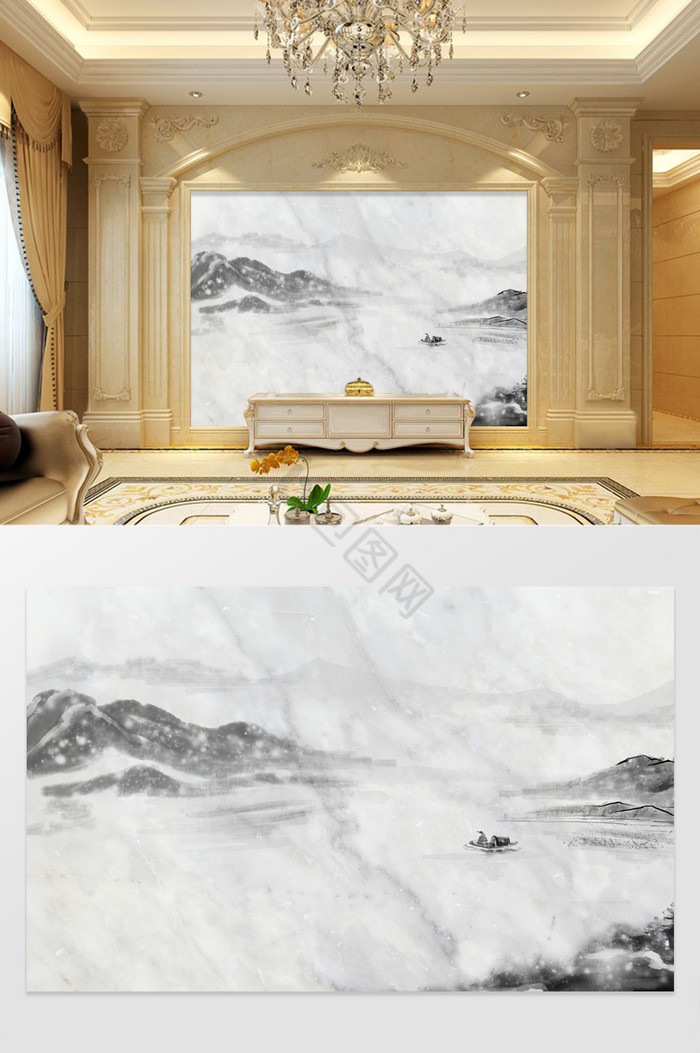 高清3D大理石纹山水花沙发背景墙定制图片
