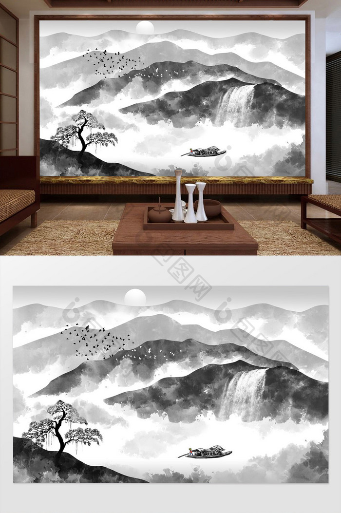 新中式手绘水墨山水画背景