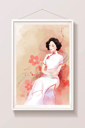 民国女性旗袍女神花卉水彩手绘插画风