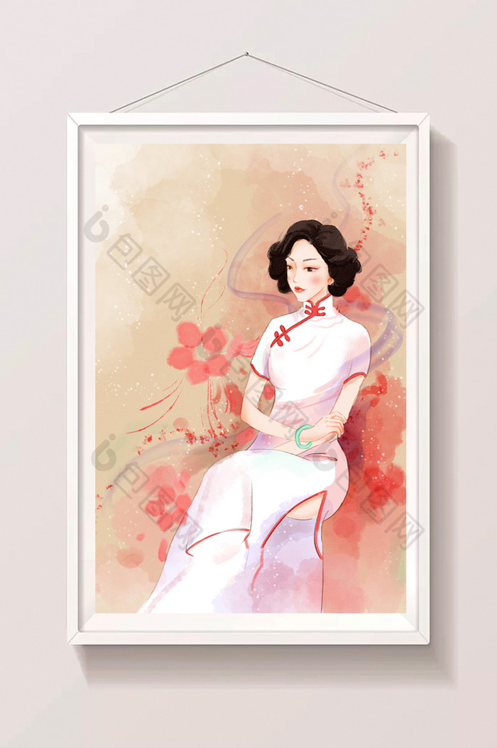 民国女性旗袍女神花卉水彩手绘插画风