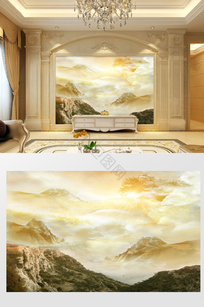 高清3D大理石纹山水花日出背景墙山河芬芳图片