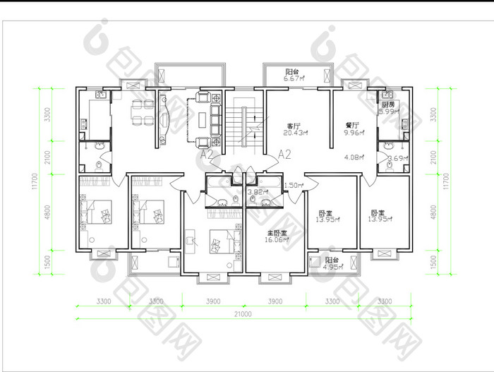 定制三室两厅家装户型图CAD房屋平面图