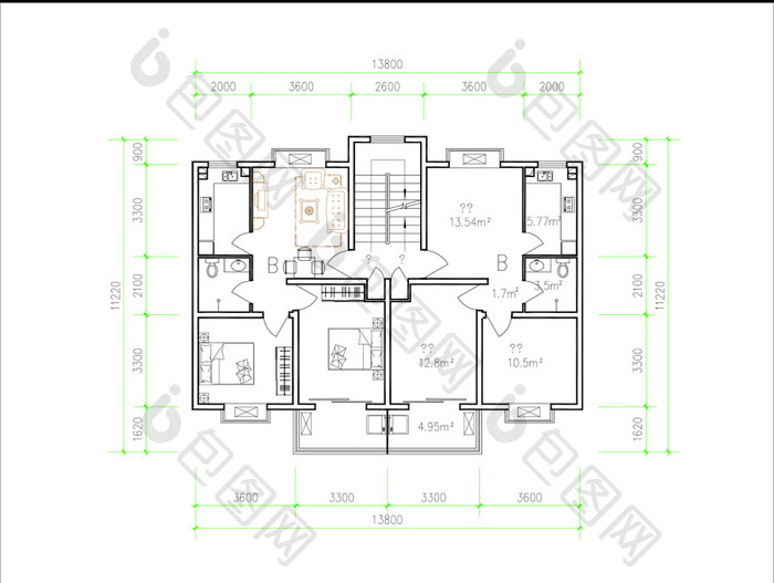 多层户型图四室两厅家装CAD平面图