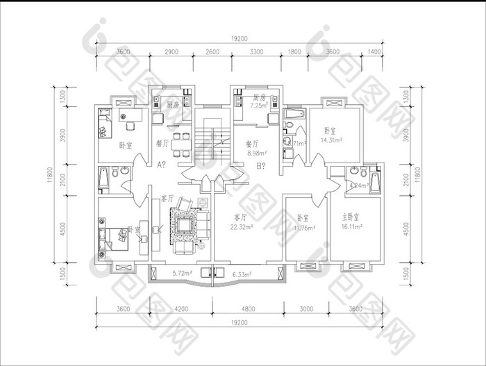 定制四室两厅家装CAD户型图