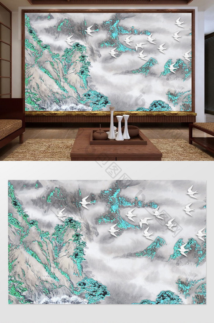 中国风浮雕水墨山水飞鸟电视背景墙