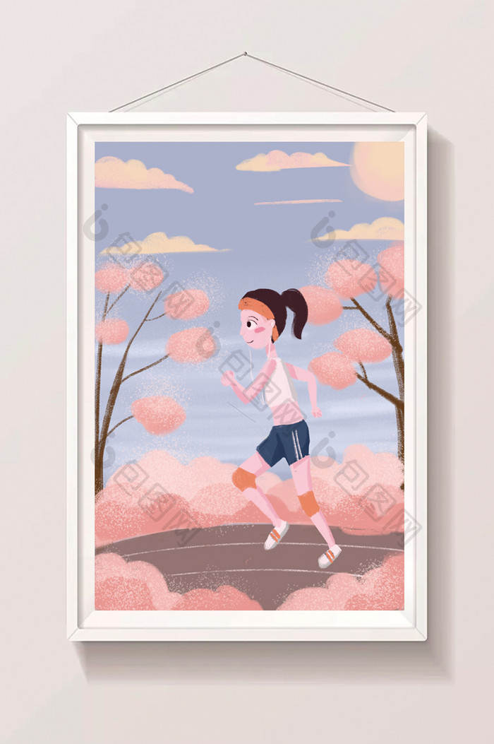 卡通扁平粉红简约生活跑步运动少女插画