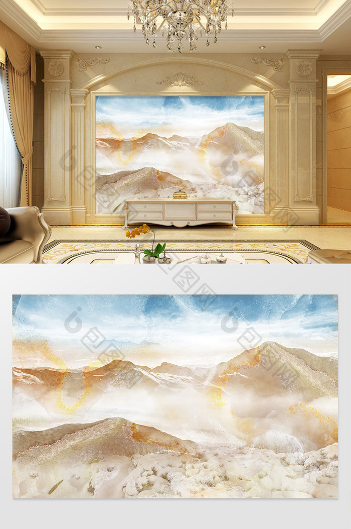 高清3D大理石纹山水花日出背景墙美如画卷
