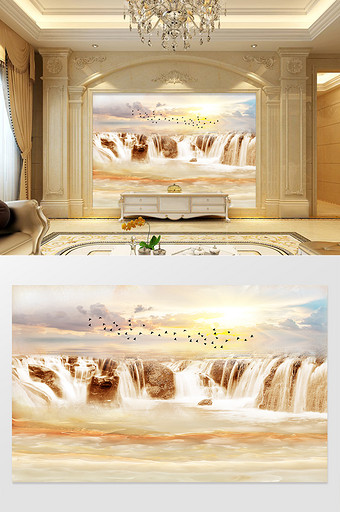 高清3D大理石纹山水花日出背景墙碧海山川图片