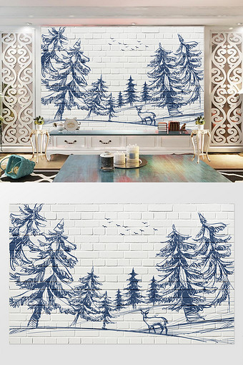 墙纹手绘森林麋鹿电视背景墙图片