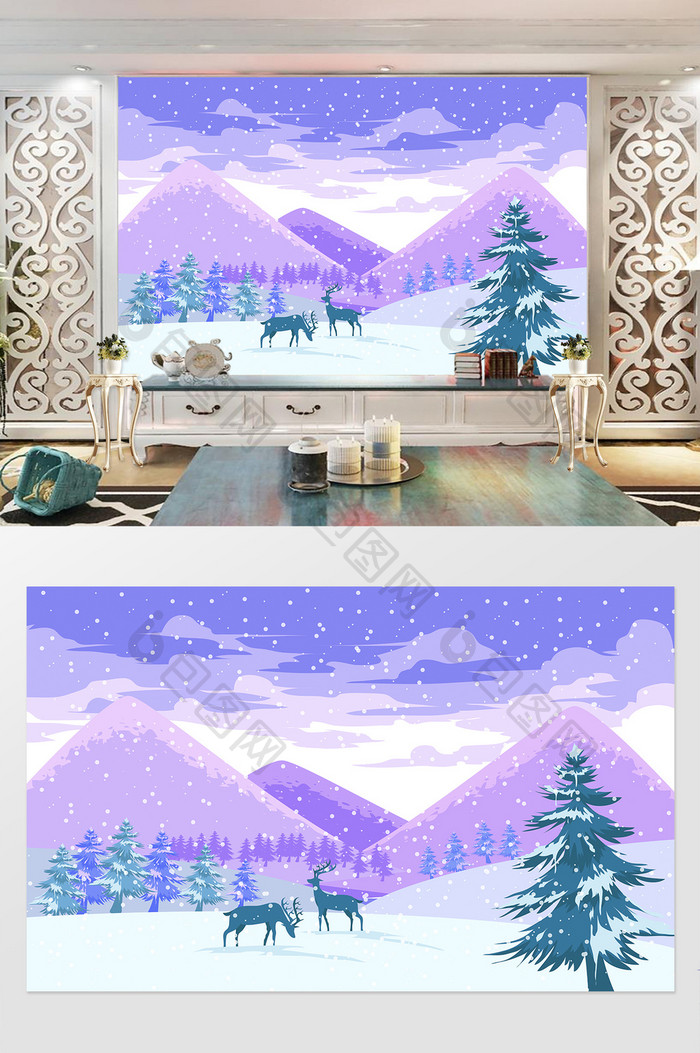 紫色北欧现代简约抽象树麋鹿电视背景墙