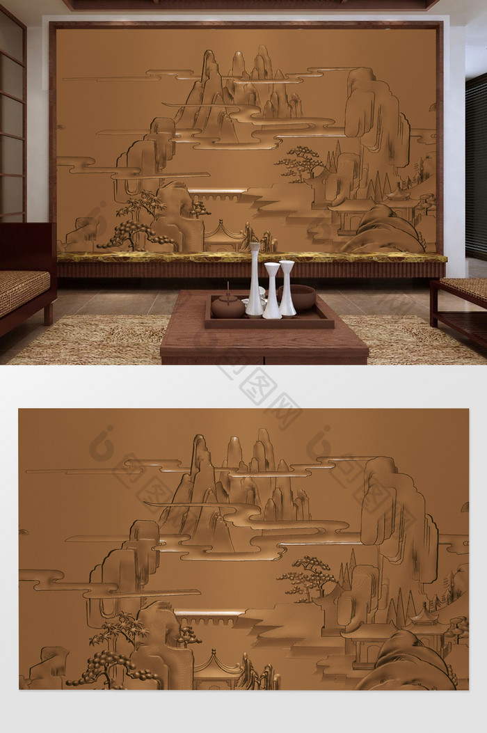 中国风3D浮雕山水电视背景墙定制