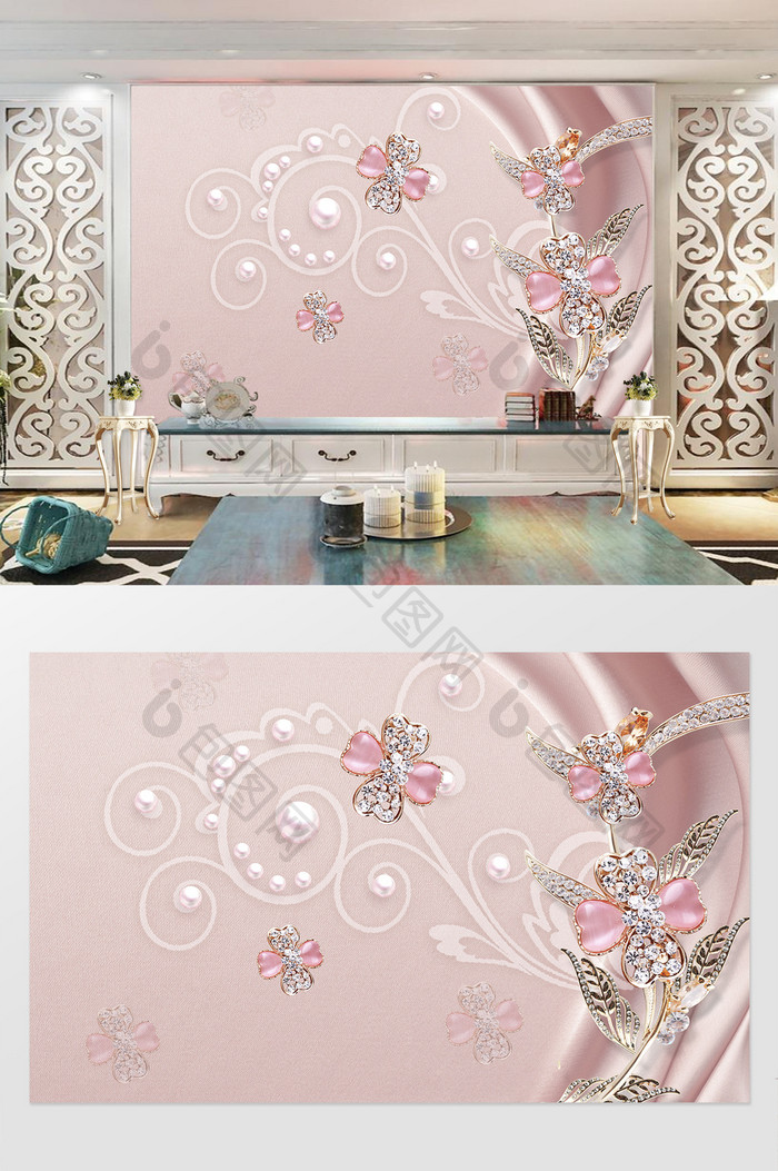 3d立体镶钻珠宝花朵花瓣珍珠花纹背景墙