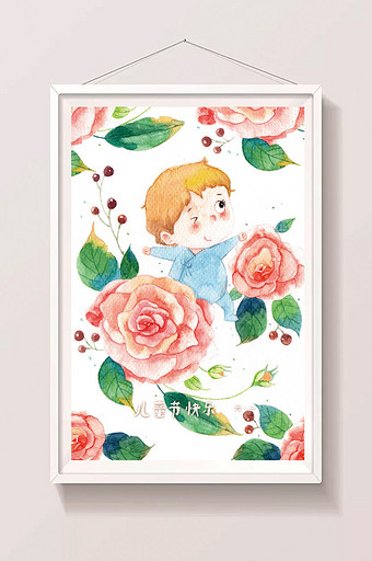 粉色花朵可爱男孩六一节日水彩插画图片