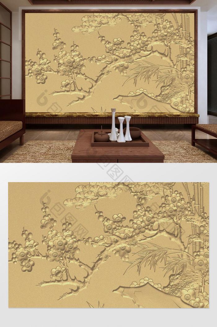 中式3D浮雕梅花电视背景墙定制