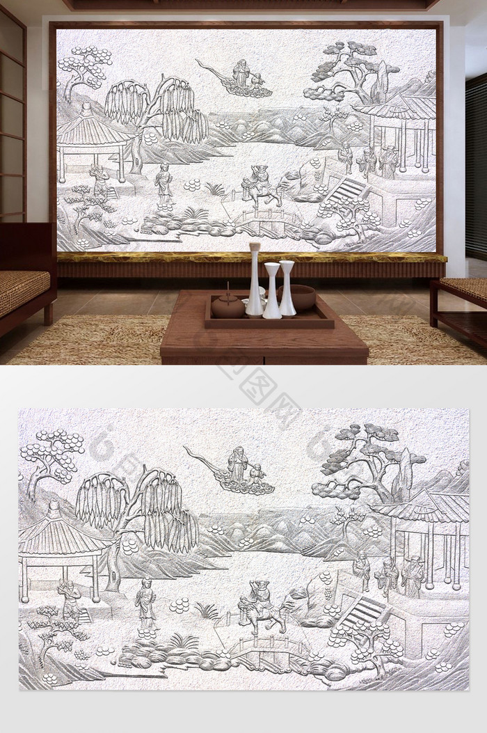 中式3D浮雕满园春色石雕电视背景墙定制
