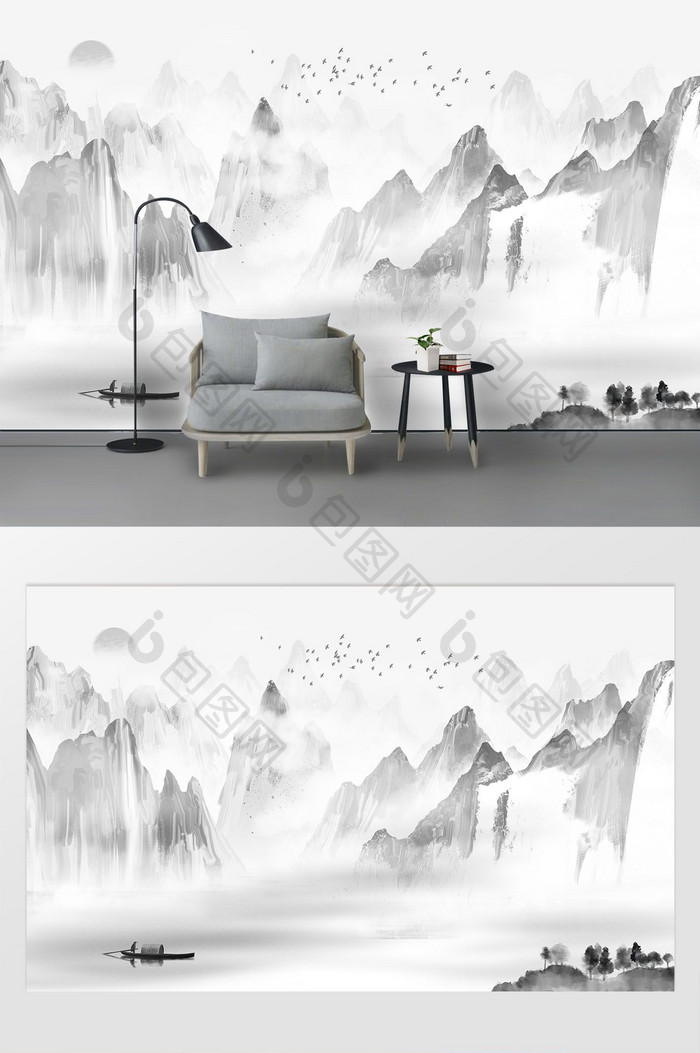 中国风手绘山水水墨意境电视背景墙