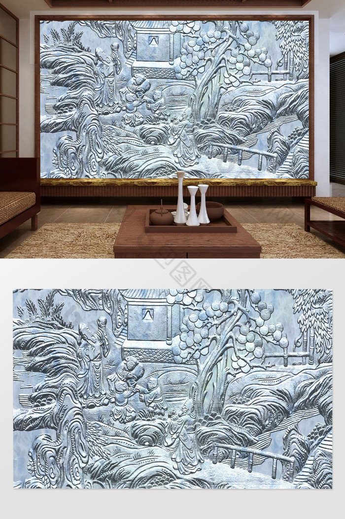 中式3D浮雕山水庭院电视背景墙定制