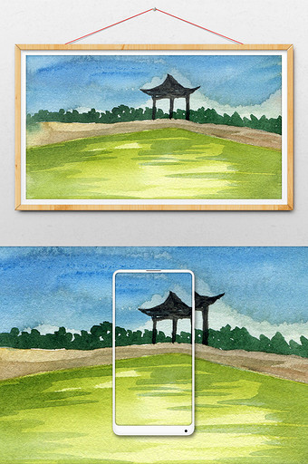绿色夏日素材小亭子手绘背景风景清新水彩图片
