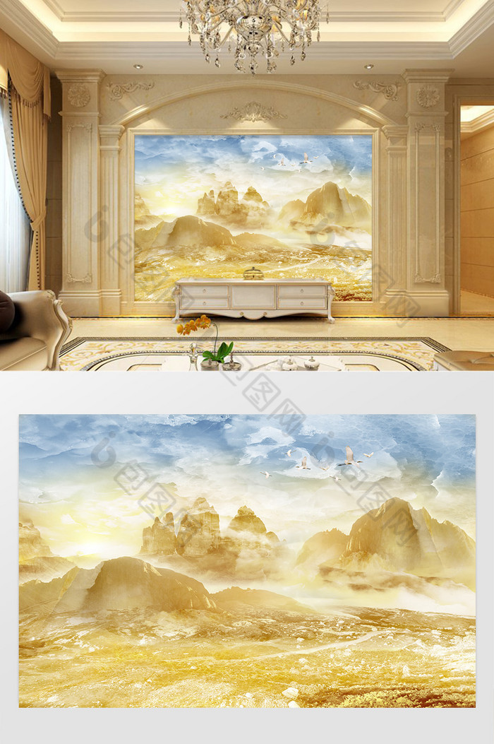 高清3D大理石纹山水花日出背景墙山韵峰歌图片图片