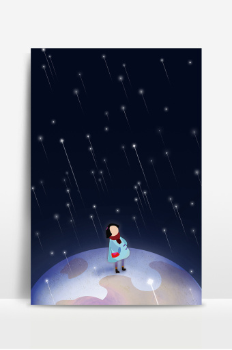 纯手绘原创唯美插画小女孩仰望流星雨背景图片下载