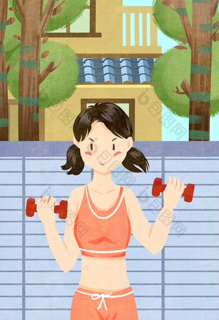 清新卡通可爱女性健康生活健身插画