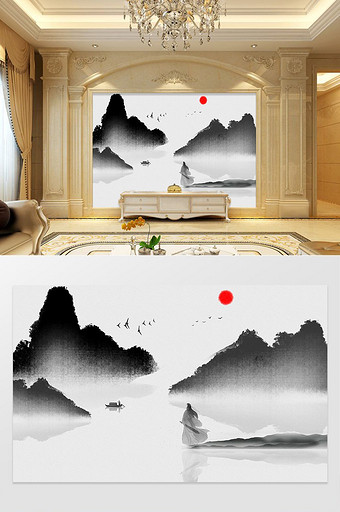 中国风意境山水禅意水墨肌理电视背景墙定制图片