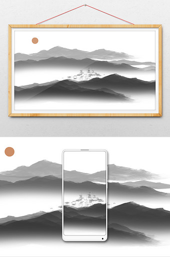 黑白山川扁平中国风夏日水墨插画背景素材图片