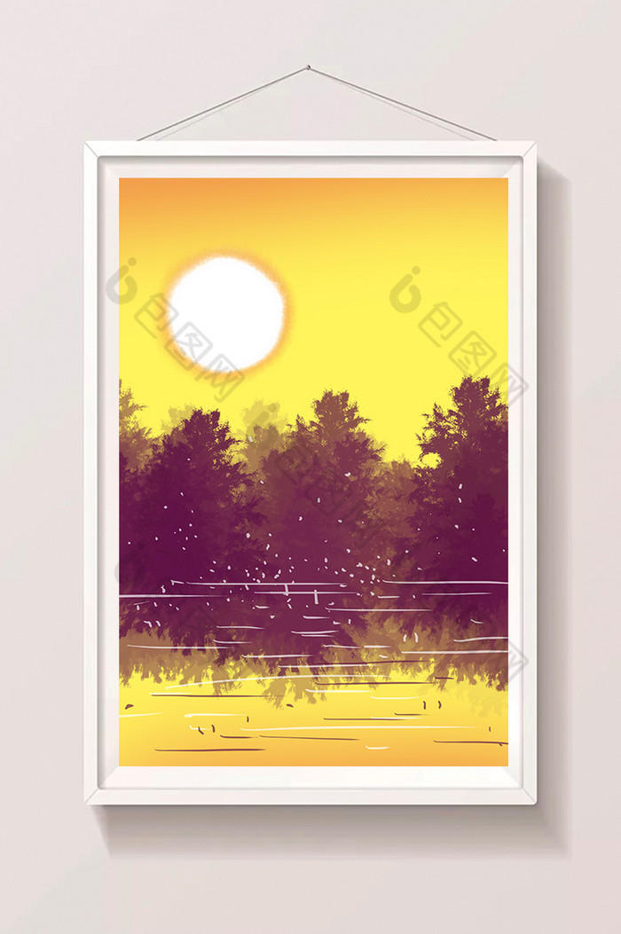 暖色调夏日傍晚夕阳插画湖面图片图片