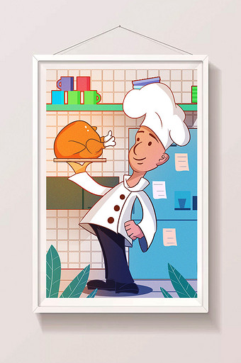 卡通大厨师烤鸡火鸡烧鸡海报漫画设计插画图片