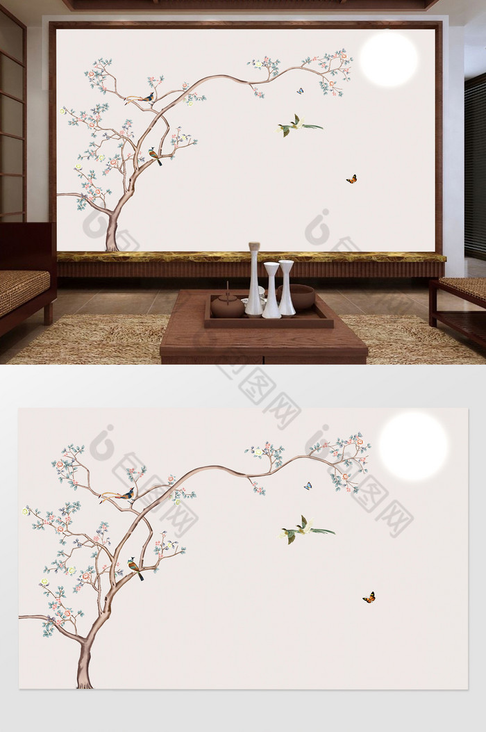 中式手绘花鸟图电视机背景墙图片图片