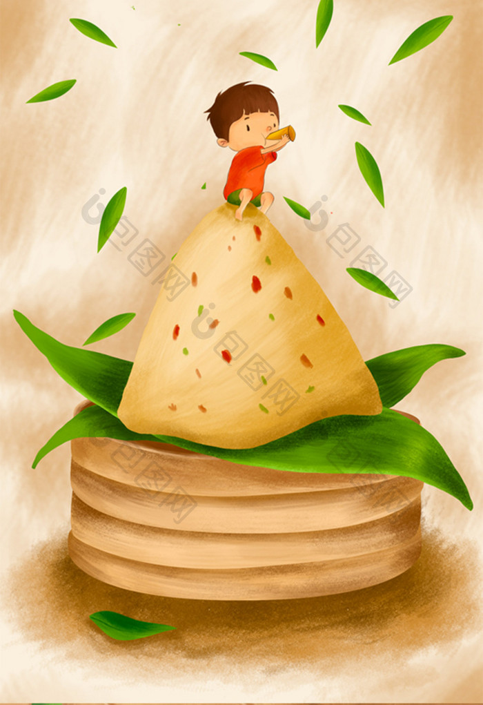 温馨卡通绿色竹叶小男孩吃粽子端午节插画