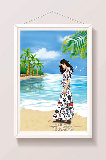 唯美夏至海边梦幻花裙美女椰树岛手绘插画图片