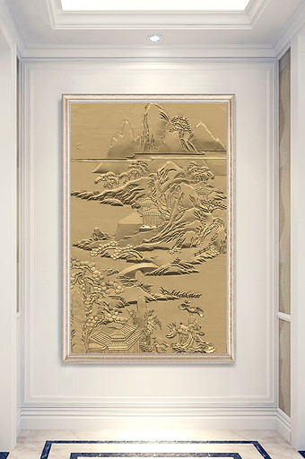 3D浮雕山水砂岩雕刻玄关装饰画定制图片