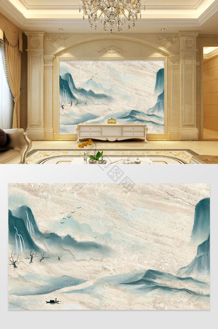 高清3D大理石纹山水花客厅沙发电视背景墙图片