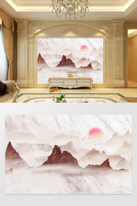 高清3D大理石纹山水花日出沙发客厅背景墙