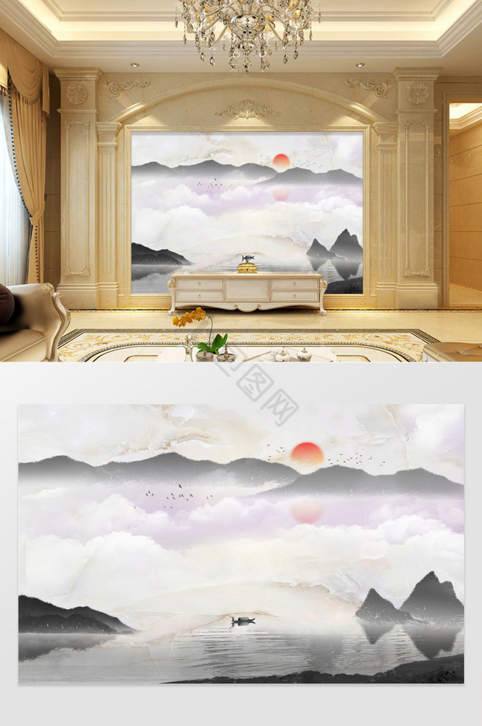 高清3D大理石纹山水日出客厅沙发背景墙图片
