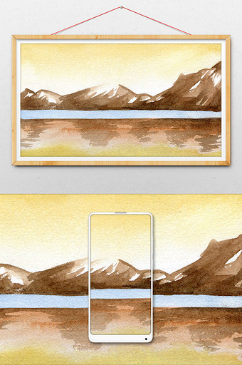 夏日雪山素材手绘背景风景清新水彩图片