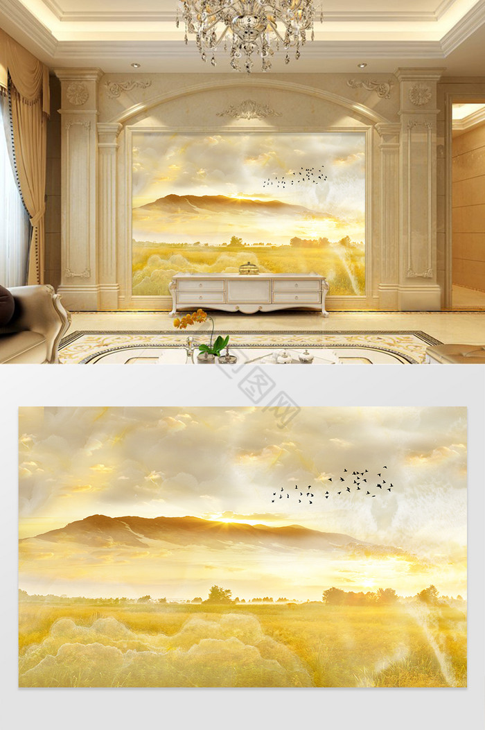 高清3D大理石纹山水花日出背景墙金色时光图片