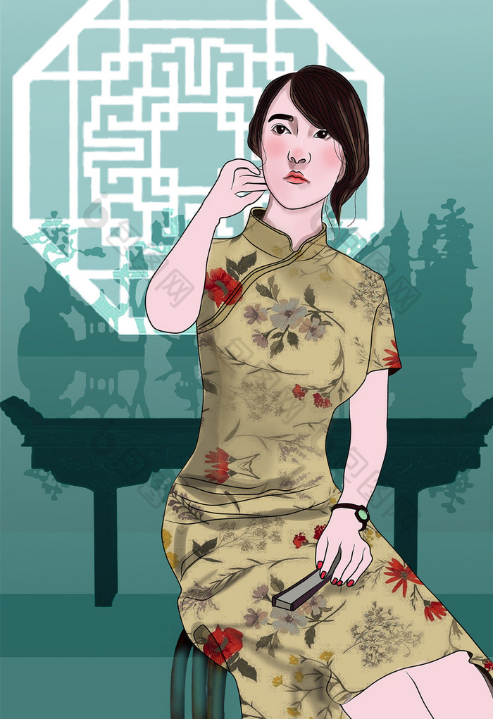 古风复古美女旗袍插画