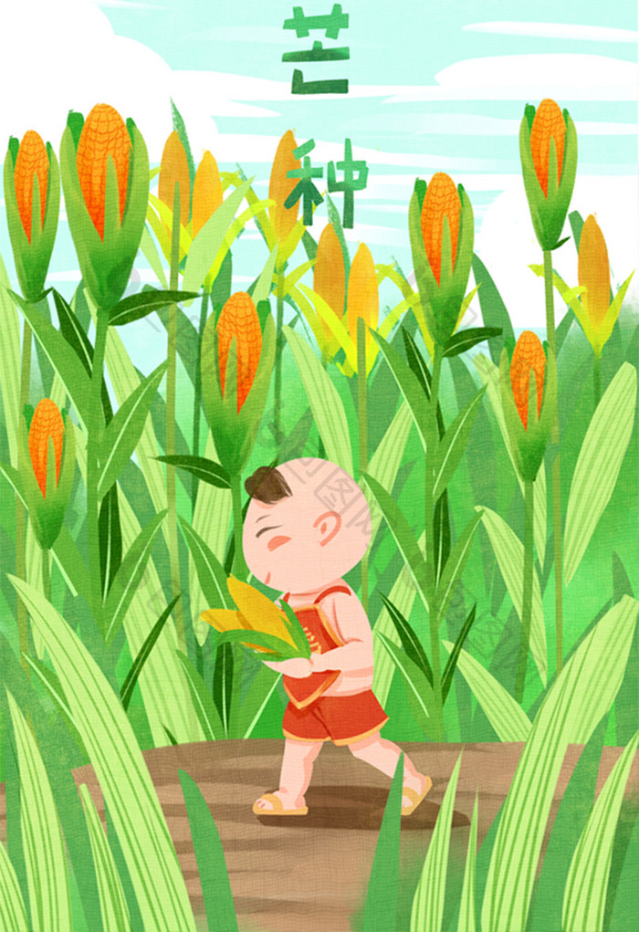中国风可爱二十四节气芒种孩童与玉米插画