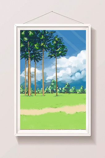 清新绿色园林草地大树风景插画图片