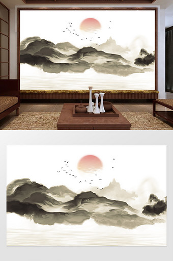 中国风写意山水电视背景墙图片