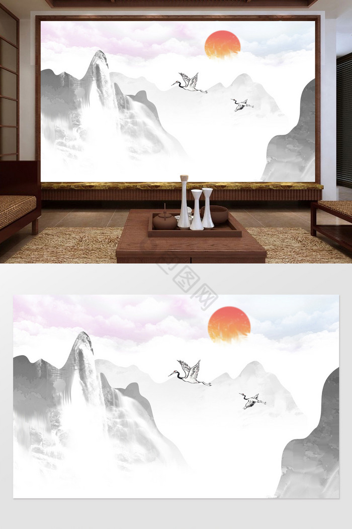 中式写意山水电视背景墙图片