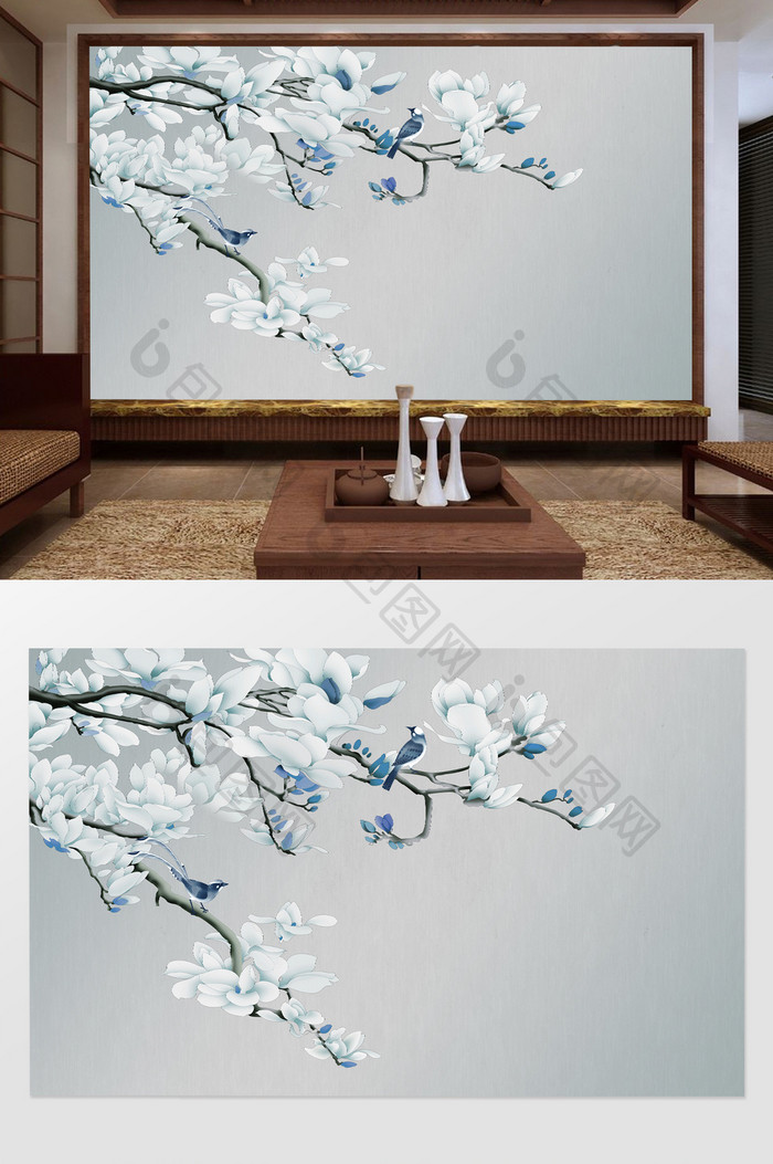 中式冷色花鸟电视背景墙