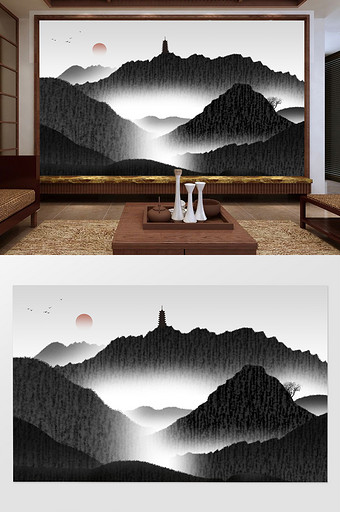 中国风黑白古风肌理电视背景墙定制图片