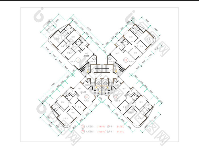 CAD家装户型图四室两厅