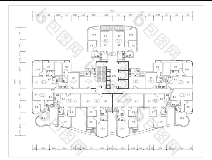 CAD家装户型图三室二厅