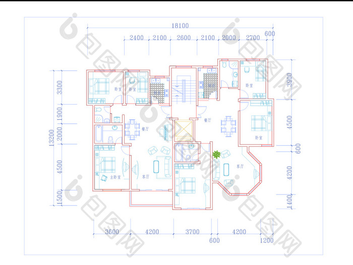 CAD家装户型图三室两厅三卫生间